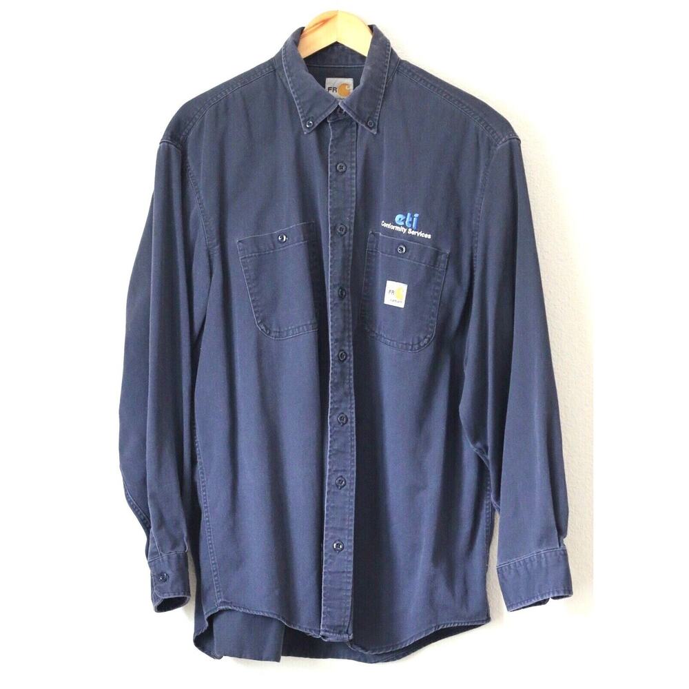 Carhartt FR FLAME RESISTANT XL Mens Long Sleeve Button Shirt Navy Blue Westex